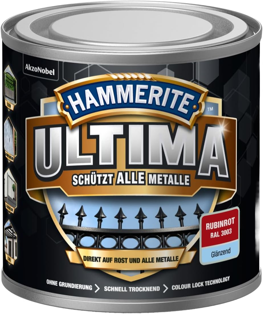 Hammerite Ultima Glossy, Metal Protective Paint, High-Quality Protective Paint for All Metals Outdoors, Sapphire Blue RAL 5003, 250 Ml