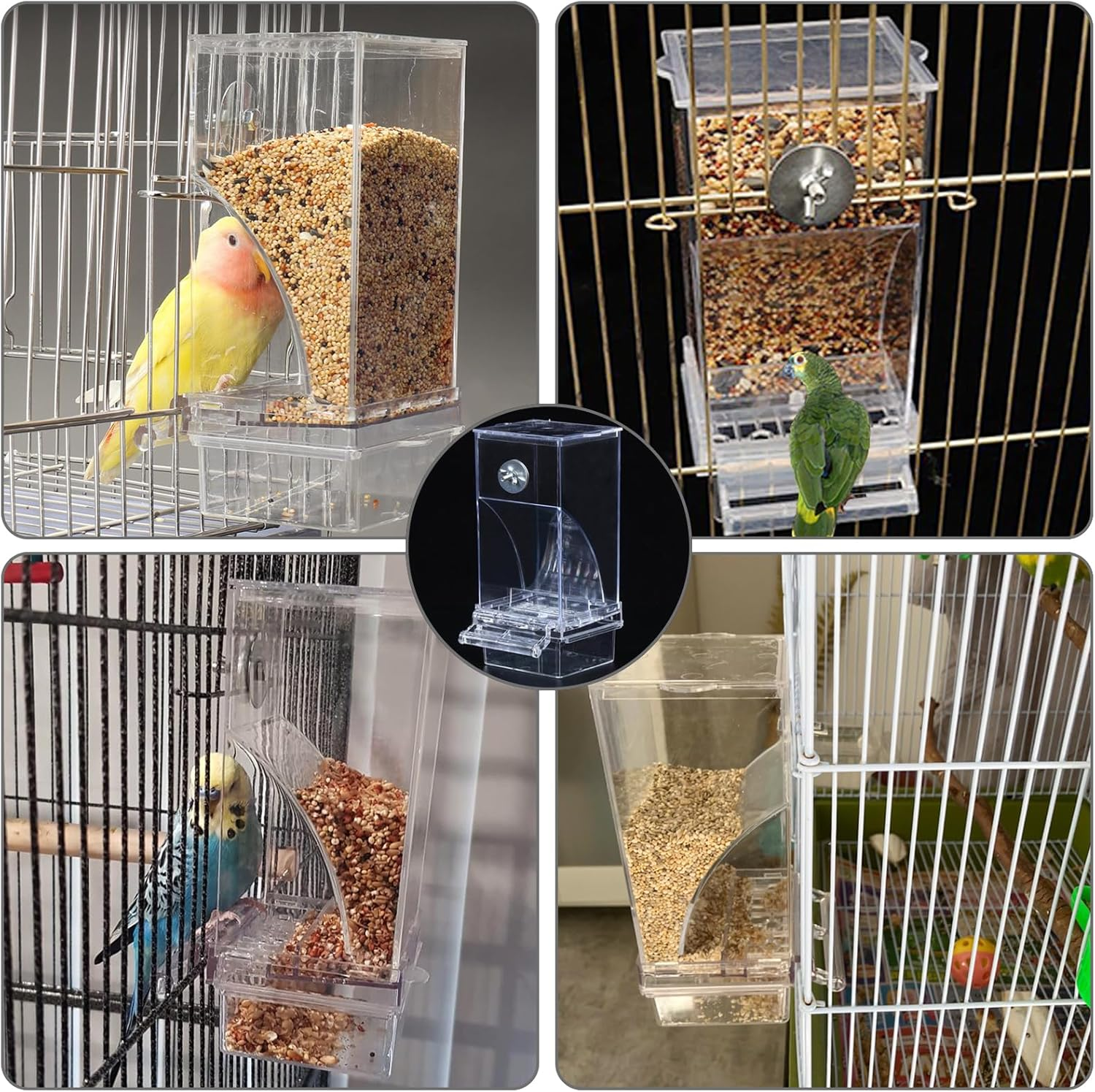 Acbbmns 2Pcs No Mess Bird Feeder Automatic Parrot Feeder Acrylic Transparent Seed Food Container Dispenser Cage Accessories for Small Pet Parakeets Lovebirds Budgies Canaries - 2Pcs image number 4