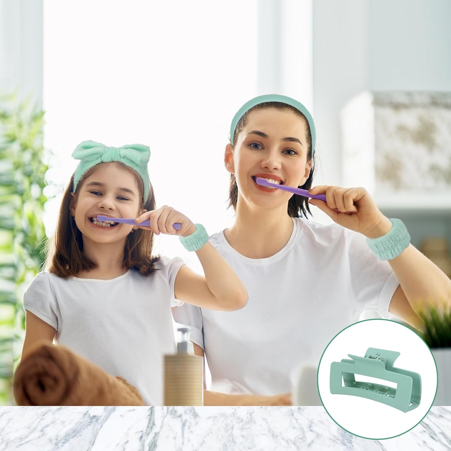 WRENYZK Pack of 5 Spa Headband for Washing Face Wristband and Hair Clips Set, Makeup Hair Band Cosmetic Headband for Women Girls Skin Care Facial Cleansing Yoga (Green)