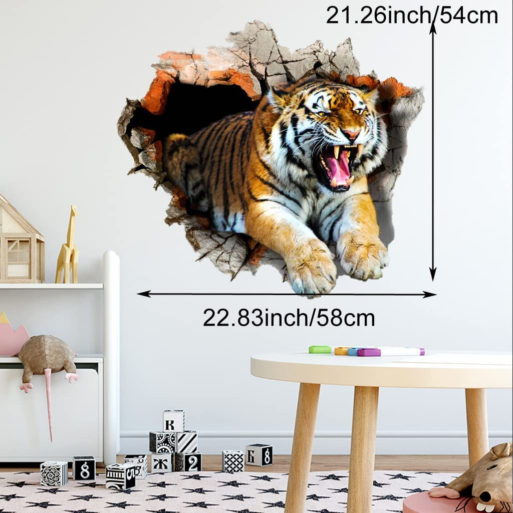 3D Tiger Wall Decal Smashed Wild Animal Wall Sticker 23.62X23.62Inch Removable Self-Adhesive Vinyl Jungle Animal Wall Mural for Nursery Playroom Kids Room Bedroom Wall Decors image number 2