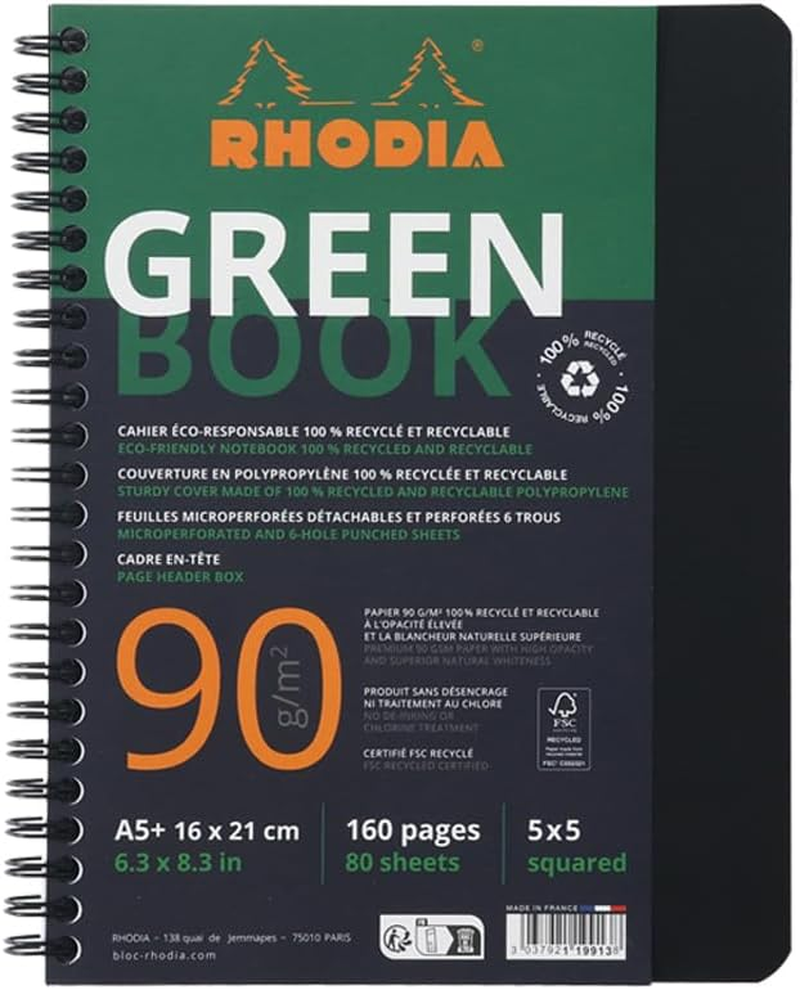 Rhodia Rhodiactive Greenbook 119913C Spiral Notebook, Squared, DIN A5+, 16 X 21 Cm, 80 Sheets Micro-Perforated, 4-Hole Punched, 100% Recycled Paper, 90, Black, Pack of 1 image number 5