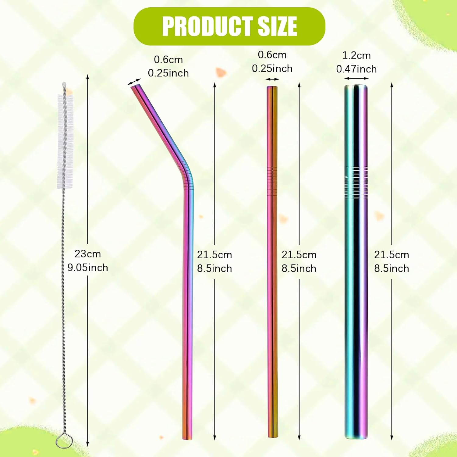 14 Pcs Stainless Steel Straws, Long Metal Straws, Reusable Metal Straw Set with Straight Bent Wide Straws, Straw Brushes and Straw Pouch for Smoothie Milkshake Cocktail Drinks (Colorful) image number 4