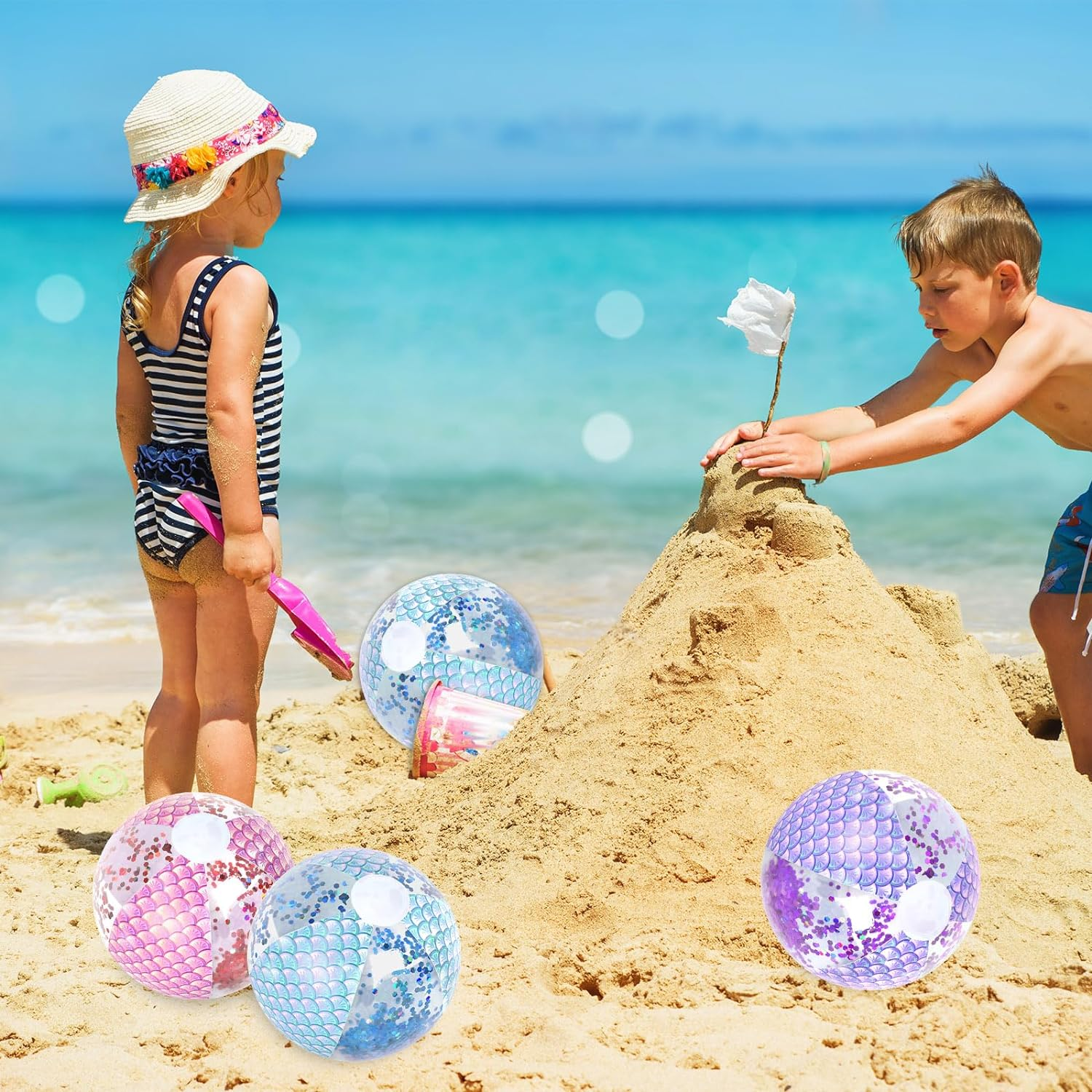 Whaline 3Pcs 16'' Mermaid Inflatable Beach Ball Glitter Pool PVC Balls Game Play Balloons for Summer Hawaiian Tropical Theme Beach Party Decorations Water Sand Game Accessory, Pink Blue Purple image number 6