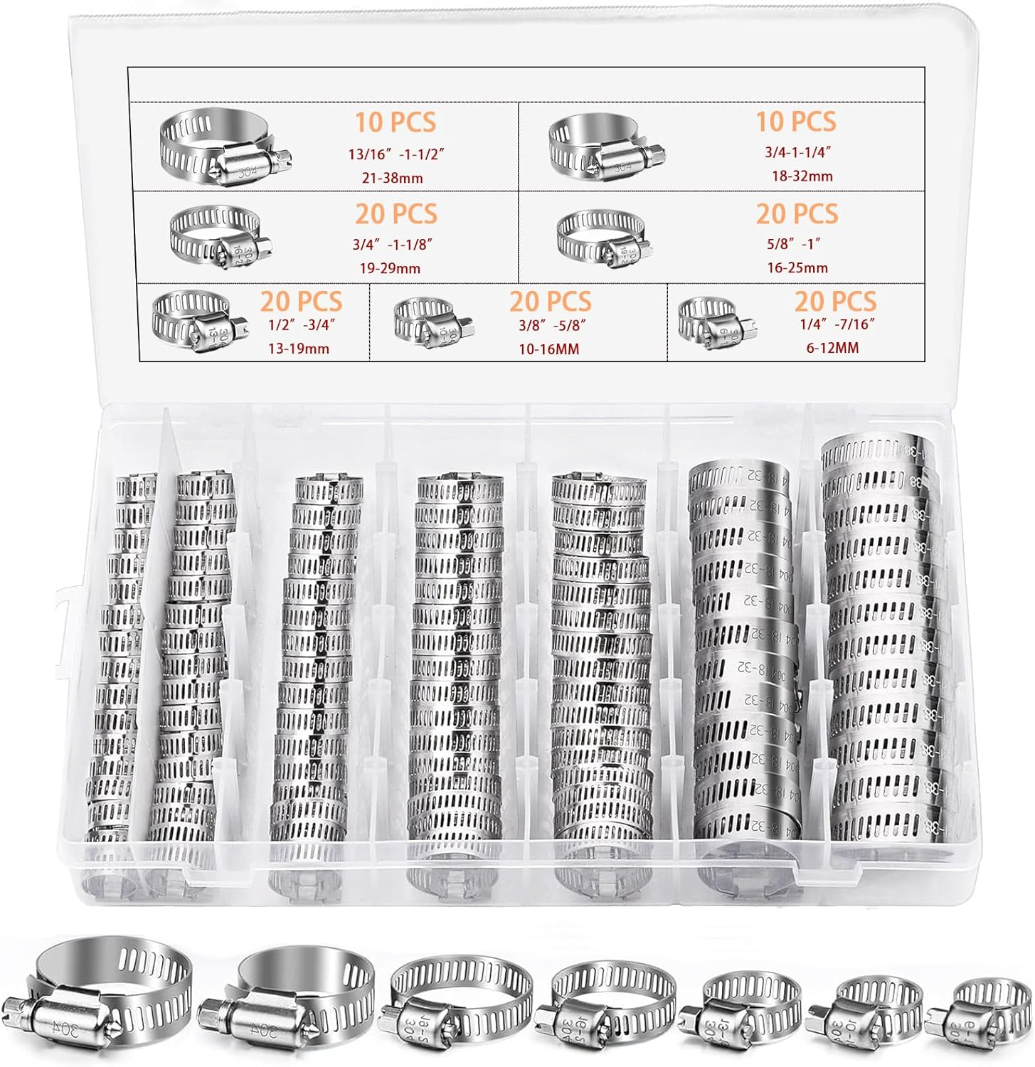 AEEGO 120-Piece Hose Clamp Combo Kit - Stainless Steel Hose Clamps 1/4''&ndash;1-1/2'' Worm Gear Clamps for Pipes, Fuel Lines, Water Pipes, Radiators, Garden Automotive and Mechanical Applications image number 1
