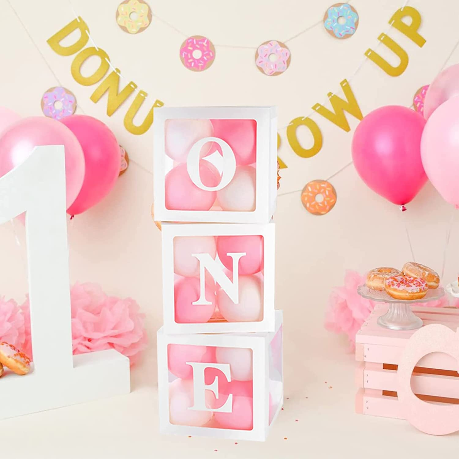 DAWNTREES First Birthday Decorations for Boy or Girl, 3 Pcs ONE Balloon Boxes for 1St Birthday, Baby Clear Blocks Party Decor&hellip; image number 3