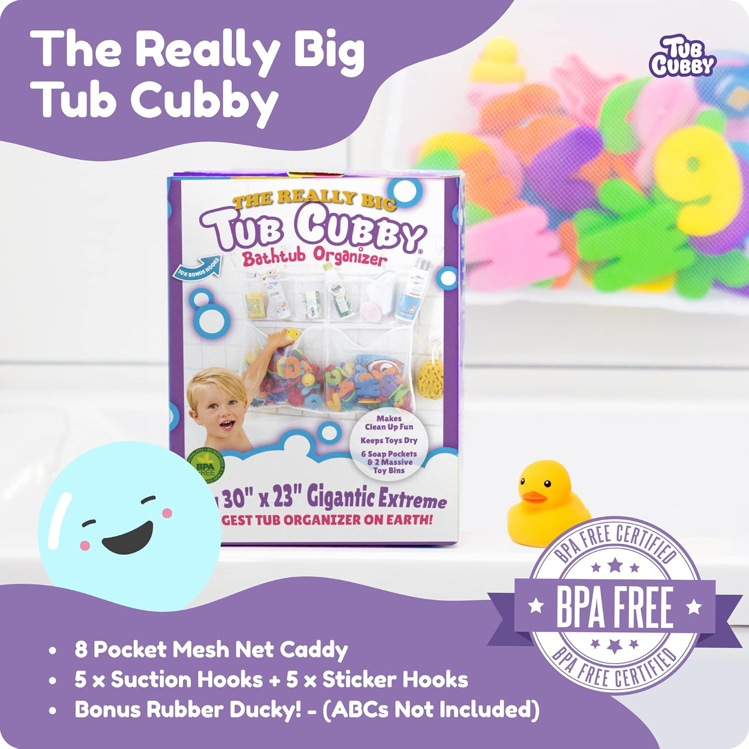 Tub Cubby Original Bath Toy Storage - Hanging Bath Toy Holder, with Suction & Adhesive Hooks, 30"X23" Mesh Net Shower Caddy for Kids Bathroom Decor, Bedroom Toy Organizer (Large image number 3