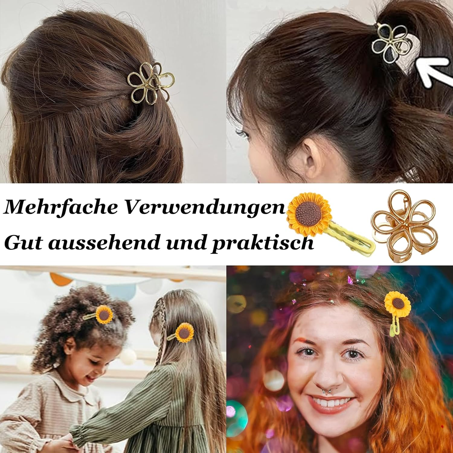 Pack of 10 Hair Clips, Metal Flower Hair Clips, Hair Clip with Sunflowers, Small Claw Clip Gold for Party Daily Wear (B-2) image number 5