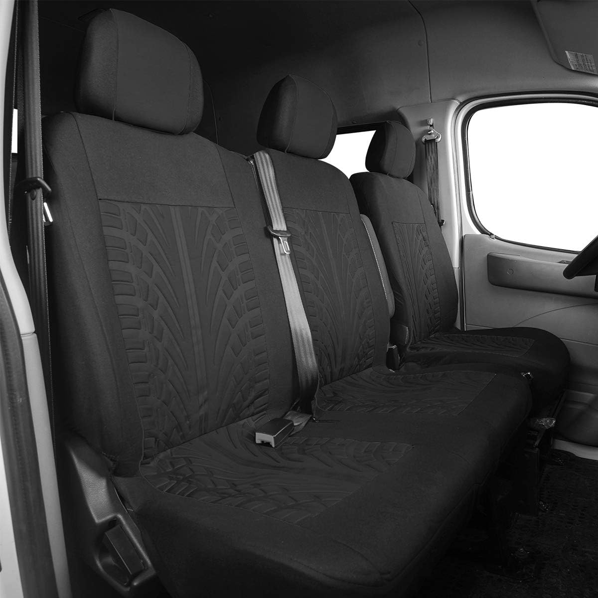 TOYOUN Universal Auto-Sitzbez&uuml;ge F&uuml;r Transporter LKW Vorn Autositzbez&uuml;ge 3D-Reifen-Spur-Muster Sitzbezug Fahrersitz + 2Er Beifahrersitzbank Schonbez&uuml;ge Schwarz image number 4
