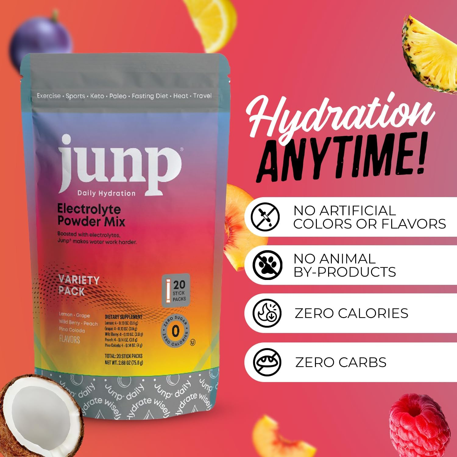 JUNP Electrolytes Hydration Powder | Zero Sugar, Keto & Vegan | 20 Pack (20 Pack, Variety Pack)