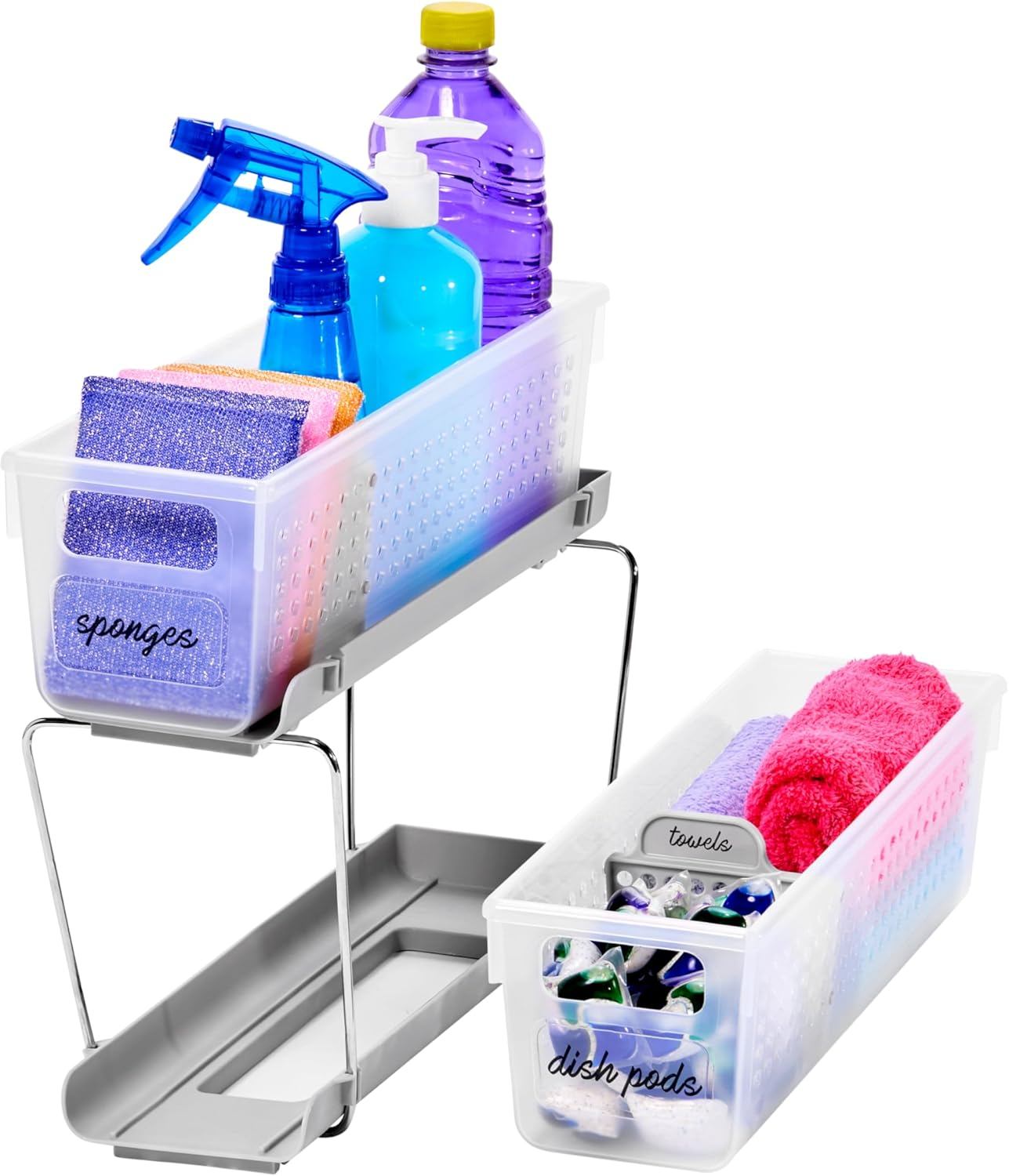 Madesmart Mini 2-Tier Organizer, Multi-Purpose Slide-Out Storage with Handles and Dividers for Home and Bath, Frost image number 2