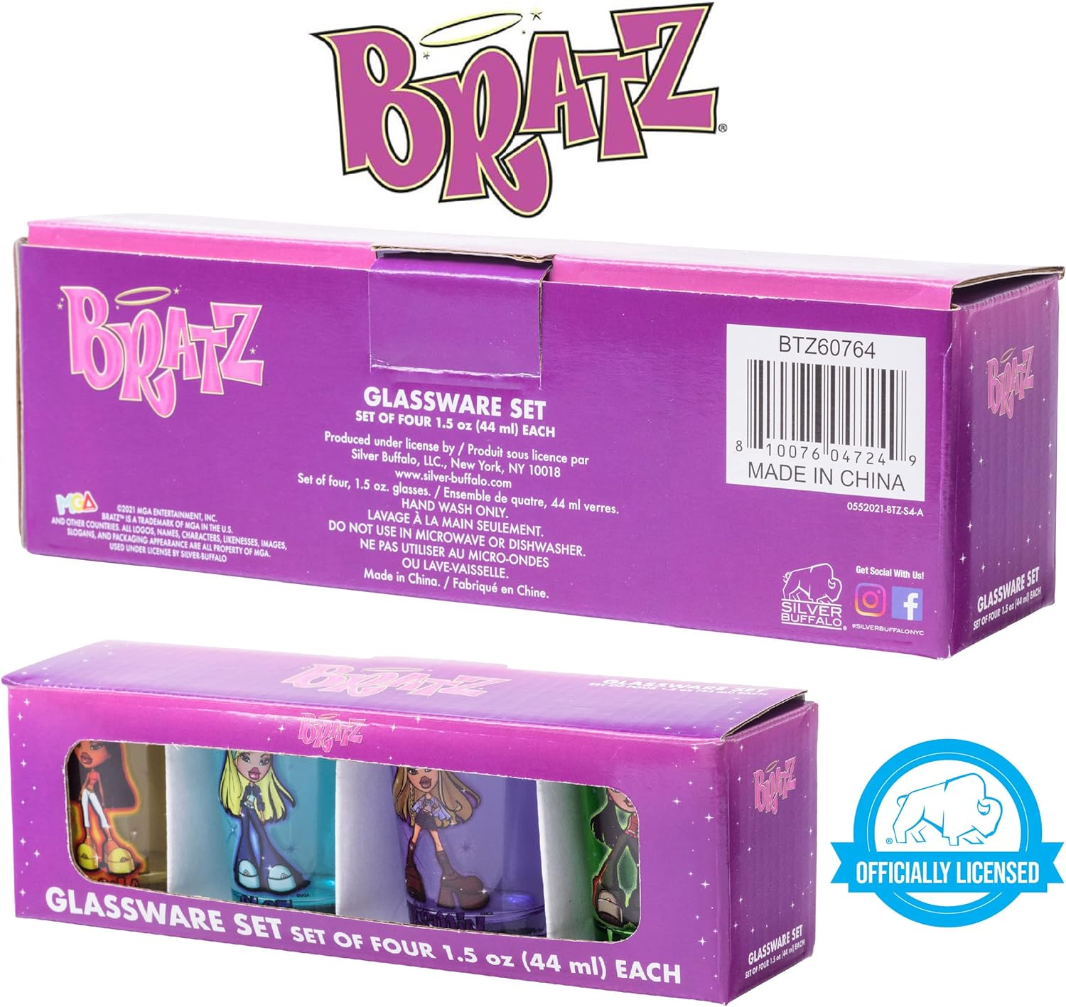 Silver Buffalo Bratz Airbrush Sparkle 4-Pack Mini Glass Set, 1.5 Ounces image number 5