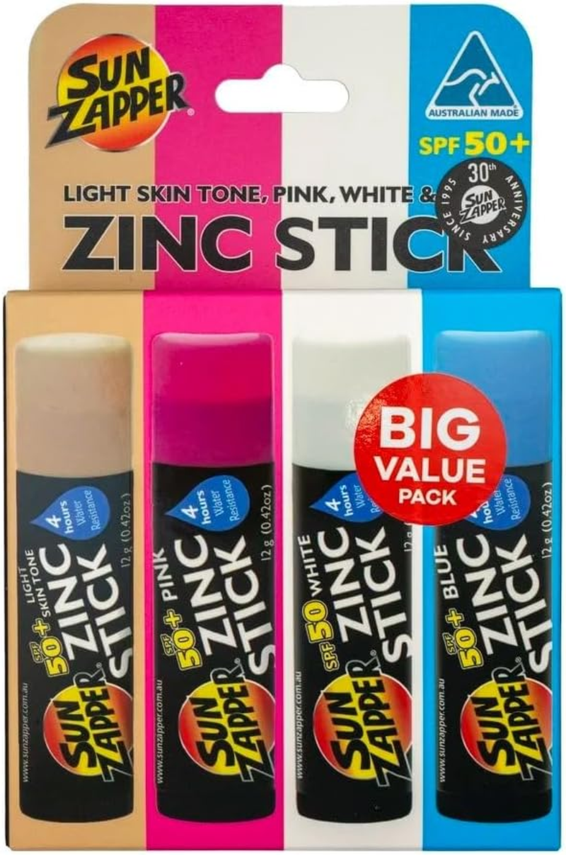Sun Zapper Zinc Oxide Sunscreen Sticks &ndash; SPF 50+ Water Resistant &ndash; Beach Pack with 4 Colors (Light Skin Tone, Pink, White, Blue)