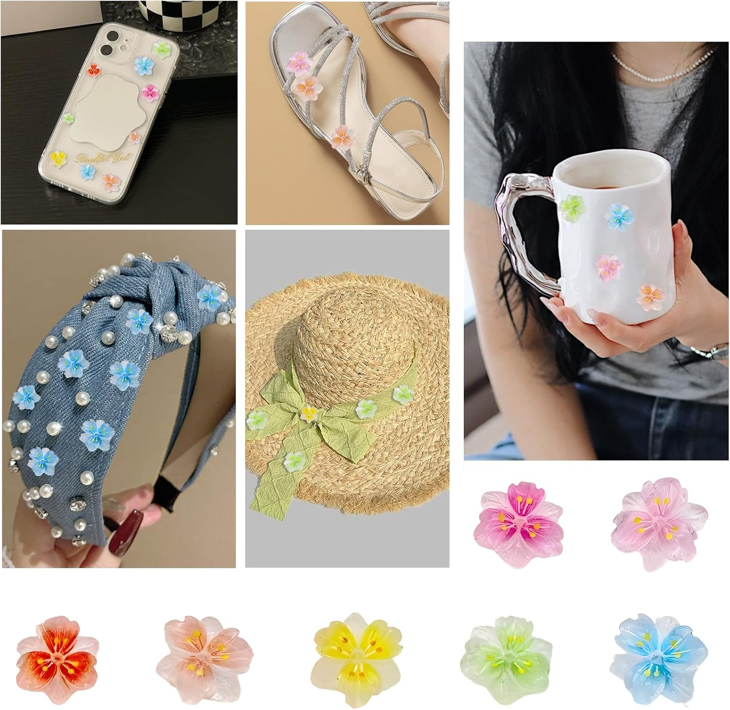 Huoflame 3D Flower Nail Charms - Ice Translucent Pack of 50 Resin Nail Decoration - Colourful Five-Leaf Charms for Nails DIY Nail Design, Glitter Rhinestone Nail Art for Gel X Nail Tips and Charm image number 6