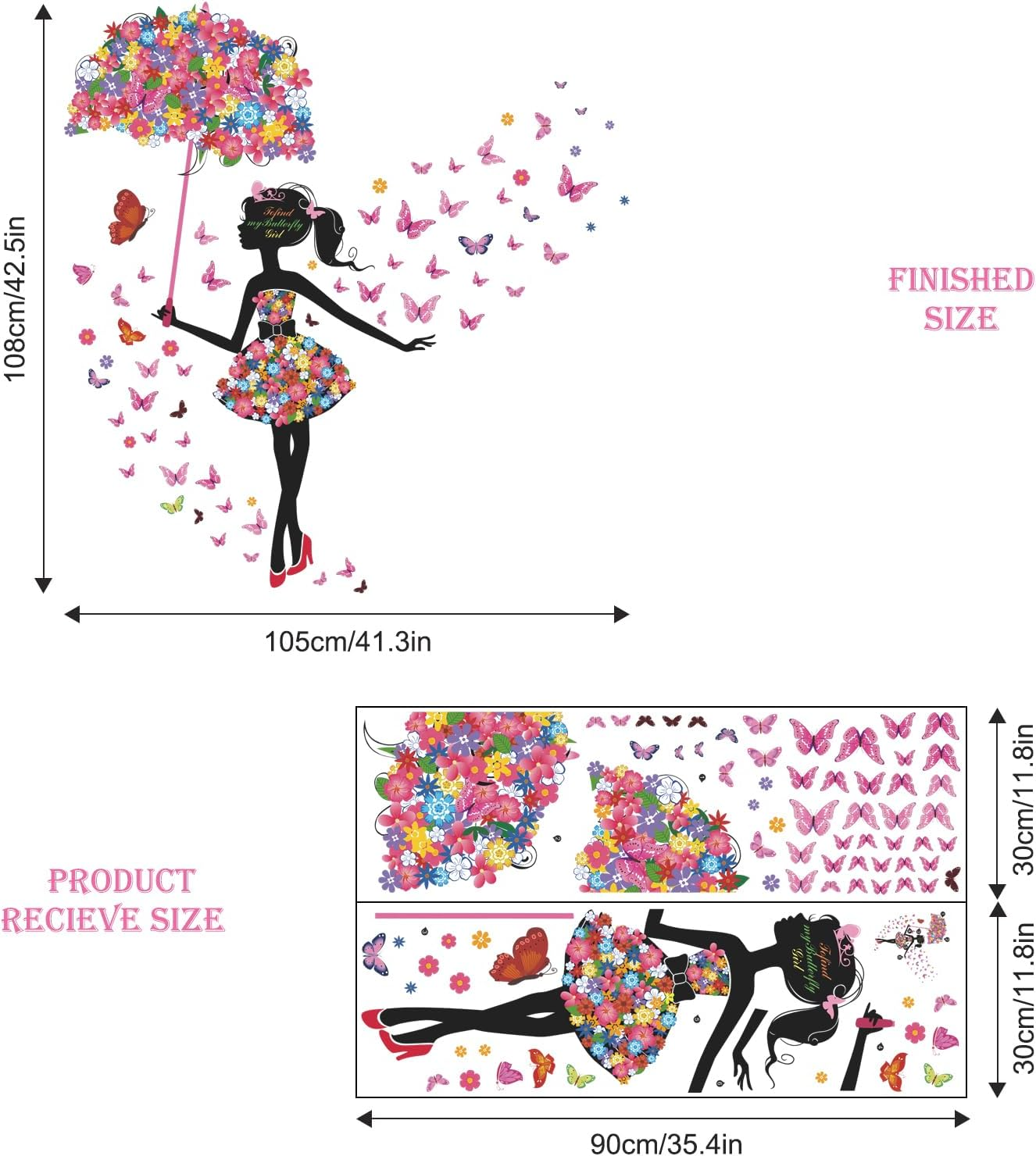 Supzone Flower Fairy Wall Decal Girl with Umbrella Wall Sticker Colorful Butterfly Floral Wall Decor DIY Vinyl Mural Art for Girls Baby Nursery Bedroom Living Room Playroom image number 4