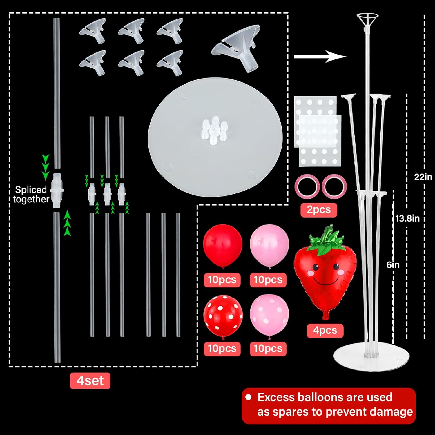 4 Sets Strawberry Party Balloons Stand Kit with Strawberry Foil Balloons Sweet Strawberry 1St Party Balloon Centerpiece for Tables for Girls Strawberry Birthday Baby Shower Decoration