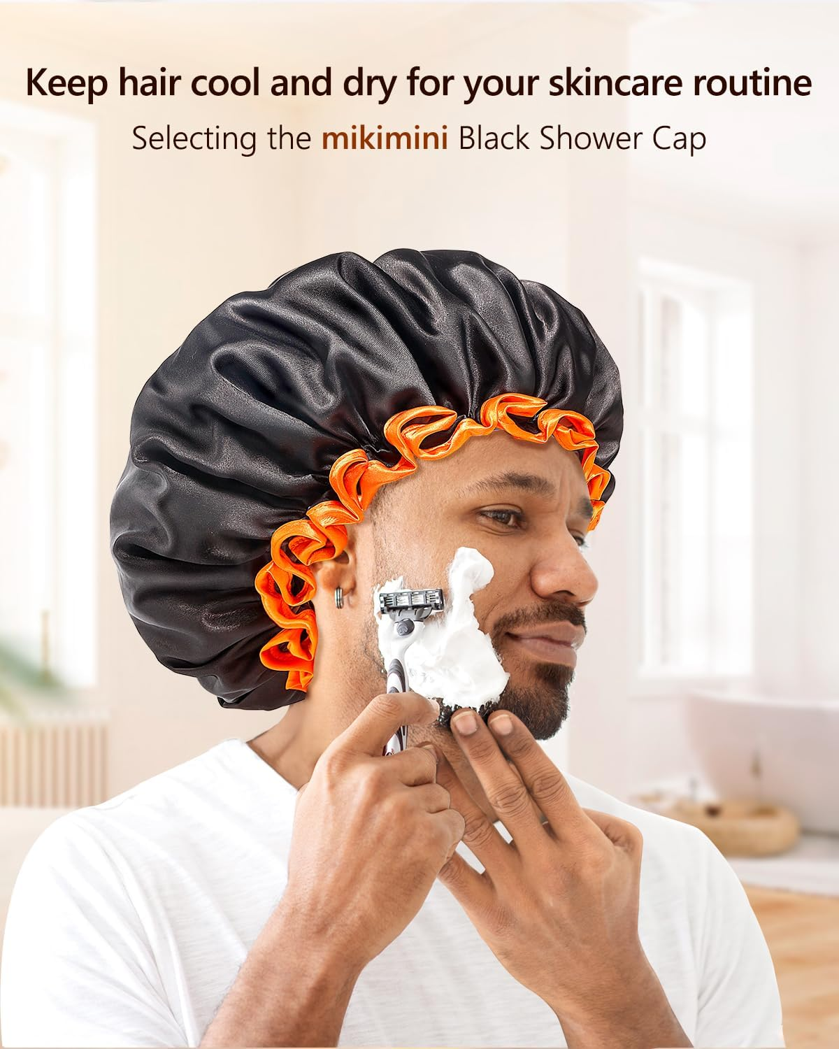 Mikimini Large Shower Cap for Women Long Hair, Black, Reusable Waterproof Double Layers XL Washable Colorfast Odorless High-Quality Shower Cap for Men with Vibrant Orange Edge image number 5