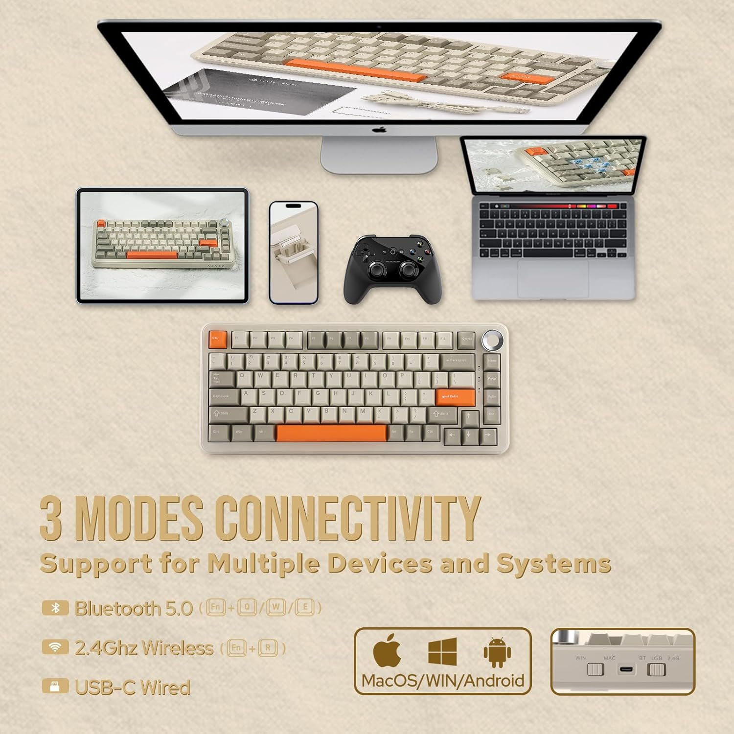 Mechlands AJAZZ AK820 MAX Upgraded Gasket Mechanical Keyboard, Bt5.0/Usb-C/2.4Ghz Wireless Gaming Keyboard, 75% Layout with 8000Mah Battery, Flex-Cut PCB, PC Plate, RGB for Win/Mac (Retro White) image number 5