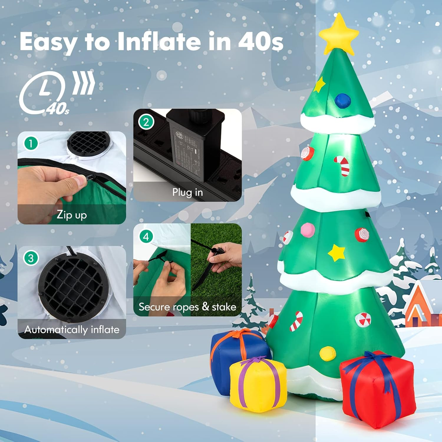 Costway 180CM Inflatable Christmas Tree, Blow-Up Xmas Tree Decoration with Gift Boxes, Built-In LED Light & Waterproof Blower, Holiday Party Decoration for Courtyard, Lawn, Garden image number 1