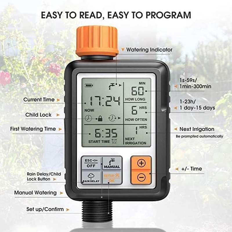 Digital Water Timer, Sprinkler Timer Programmable, Garden Hose Timers for Watering Large LCD Display, Manual Irrigation Mode, IP65 Waterproof Lawn Patio Farm image number 4