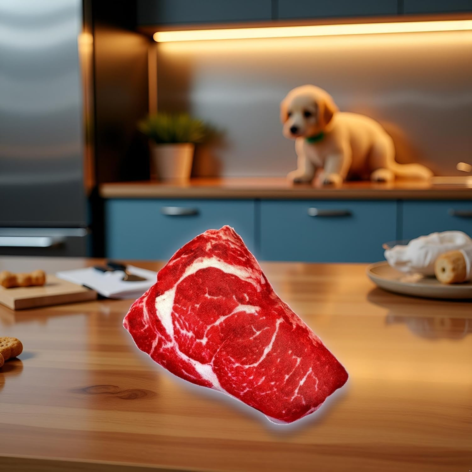 Clockjuan 2Pcs Realistic Food Steak Plush Dog Squeaky Toy, Soft Food Shape Pet Chew Toy for Small Medium Dogs and Non-Aggressive Chewers, Puppy Teeth Clean Chew Toys image number 2