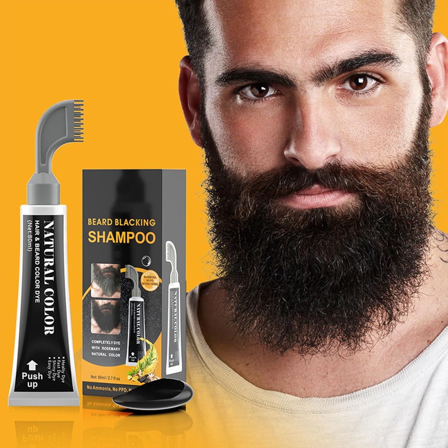 Beard Dye Shampoo, 80Ml Beard Dyeing Comb Black Beard Dye Shampoo for Mustache Long Lasting Black Beard Dye for Men
