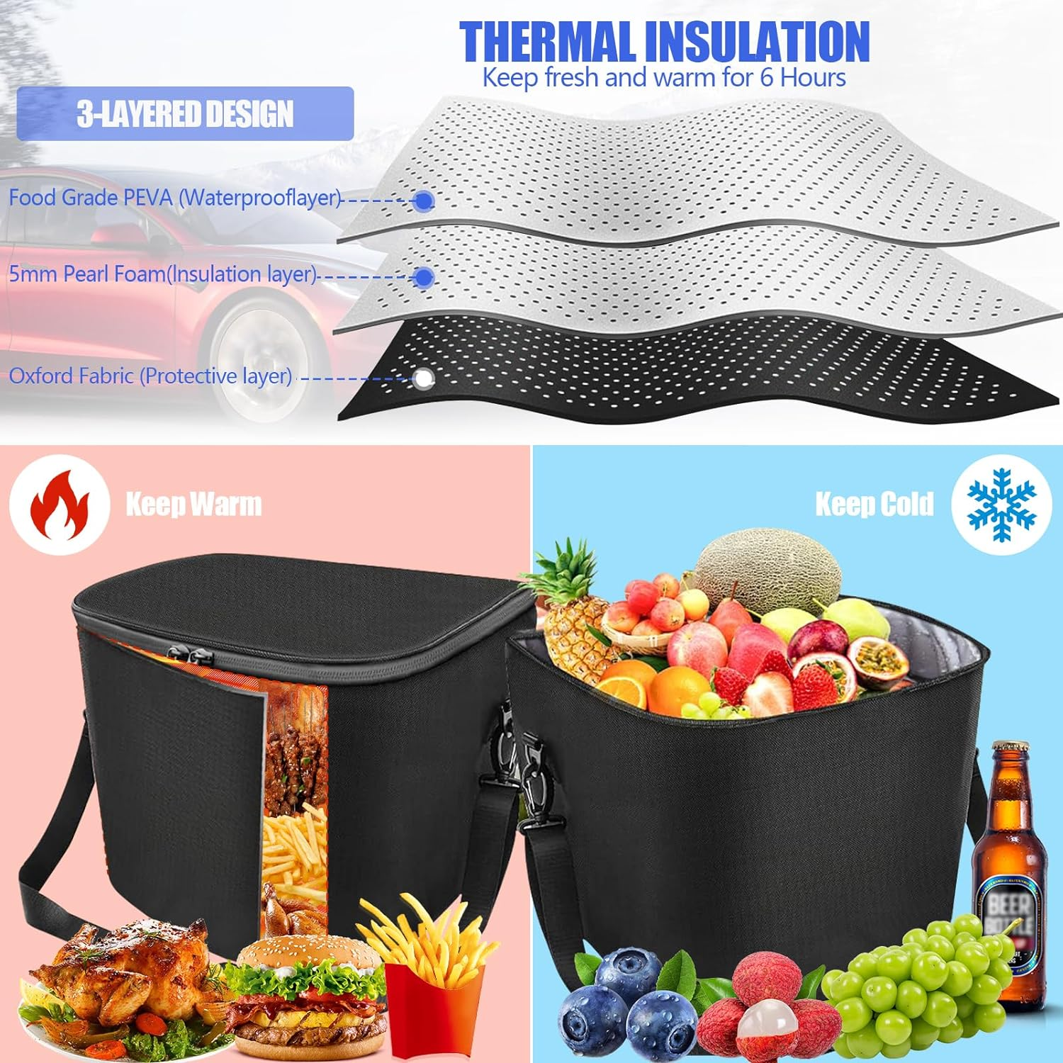 2024 Model 3 Highland Frunk Organizer, Car Cargo Organizer for Tesla Model 3 2017-2024, Front Trunk Insulation Cooler Bag, Portable Waterproof Container with Adjustable Strip - For Tesla Model 3 image number 6