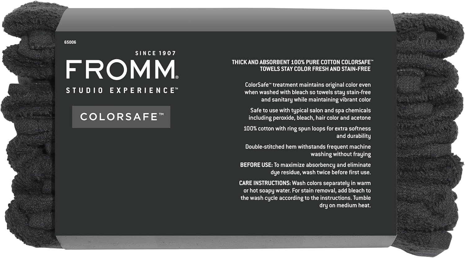 Fromm Colorsafe 100% Cotton Bleach Proof Salon Hair Towels for Hairstylists, Barbers, Spa, Gym in Black, 16" by 29", 6 Count Absorbent Stain Resistant Towels for Drying Curly, Long, Wavy Hair image number 5