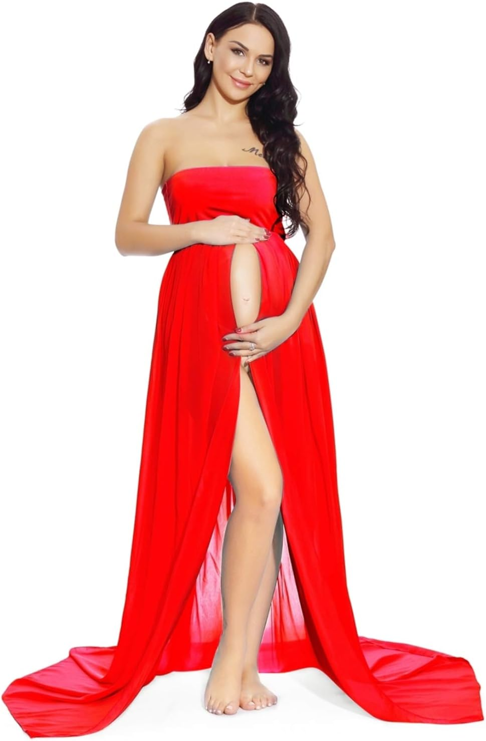 ZIUMUDY Maternity Chiffon Strapless Maxi Photography Dress Split Front Gown for Photoshoot