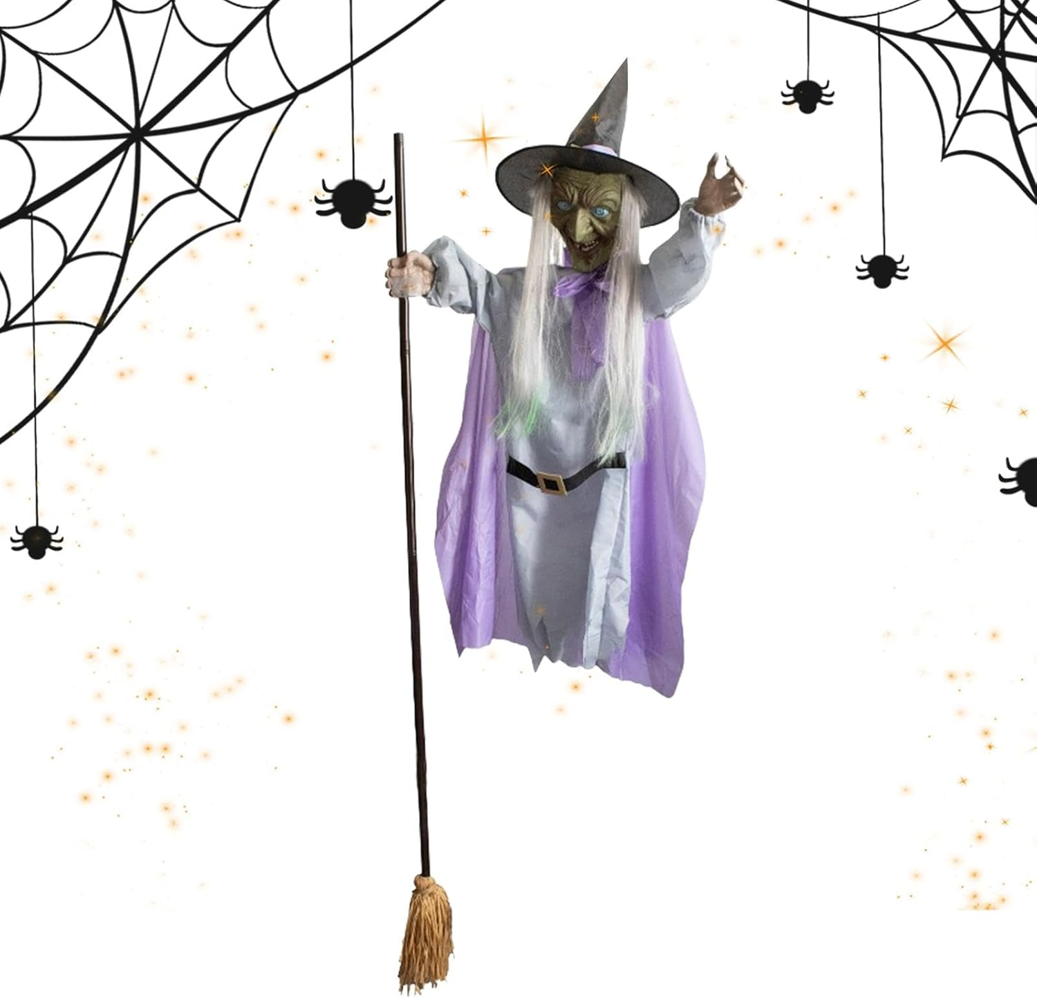 Flying Witch - Realistic Witch Halloween Decorations,6Ft Large Animatronics Halloween Props, Animated Witch Broom for Front Porch Yard Garden