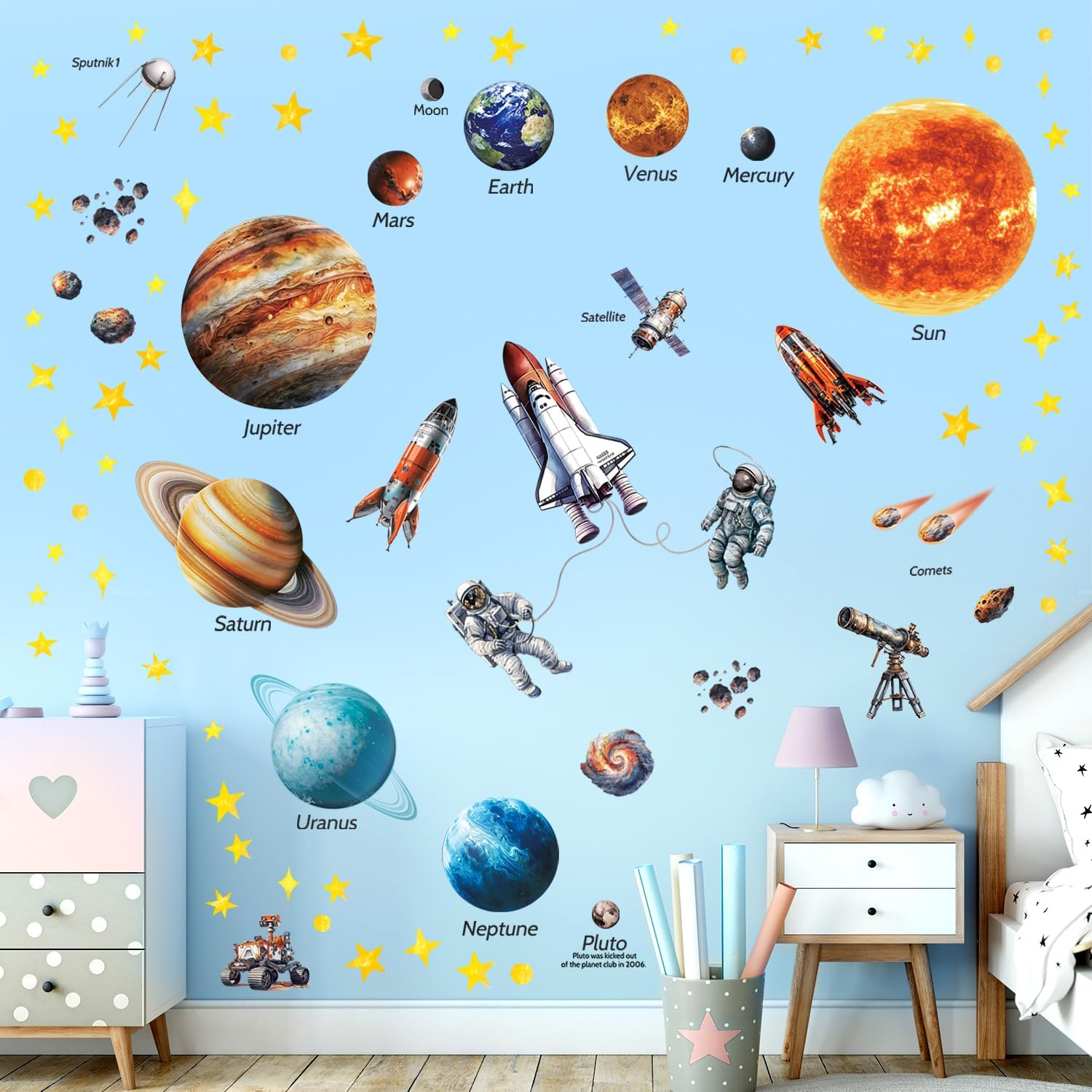 DECOWALL DS12-8077 Solar System Wall Stickers Peel and Stick Removable Nursery Kids Room D&eacute;cor Stars Bedroom Boys Girls Planet Space Playroom Earth Moon Galaxy