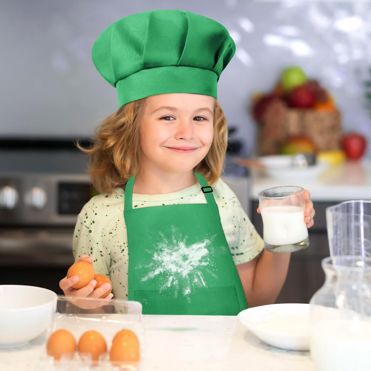 Kids Apron and Chef Hat Set Adjustable Chef Art Apron with 2 Pockets Toddler Chef Hat and Apron for Cooking Painting, M-Green, Small image number 1