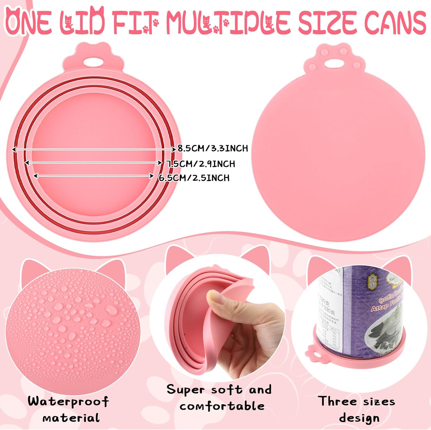 Uiifan Cat Food Lid Cat Food Can Covers Lids 8 Pcs Pet Can Supplies Set 5 Silicone Wet Kitten Foodstuff Tin Covers Lids 2 Silicone Dog Spoons 1 Paw Shape Multifunctional Opener for Pets(Pink) image number 5