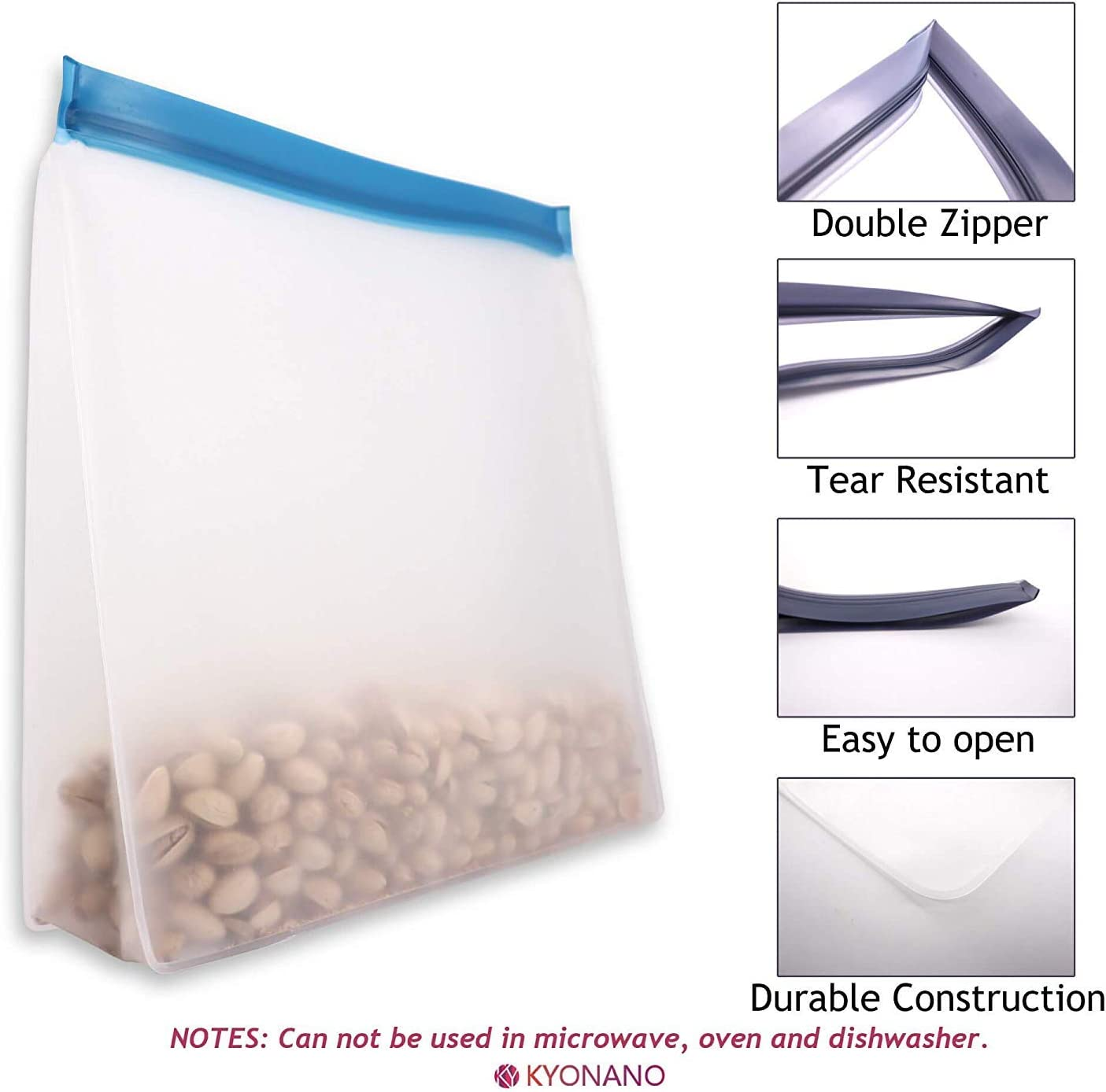 Extra Large Reusable Ziplock Bags 10 Pack, Extra Thick Leakproof Reusable Freezer Bags, BPA Free Reusable Sandwich Bags for Lunch Meat Veggies (8 Gallon 2 Snack Bags) for Travel Items Home Storage image number 6