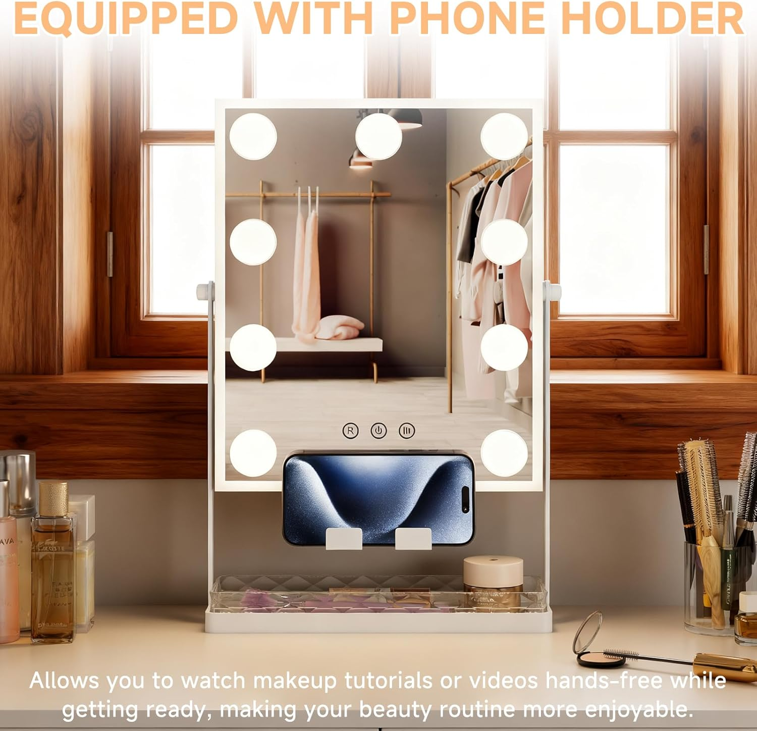 AOBOSI Vanity Mirror with Detachable 10X Magnifying Mirror, Hollywood Makeup Mirror with 9 Dimmable Bulbs, 3 Color Lights, Adjustable Brightness, 360&deg; Rotation, Storage Base & Phone Holder, White image number 3