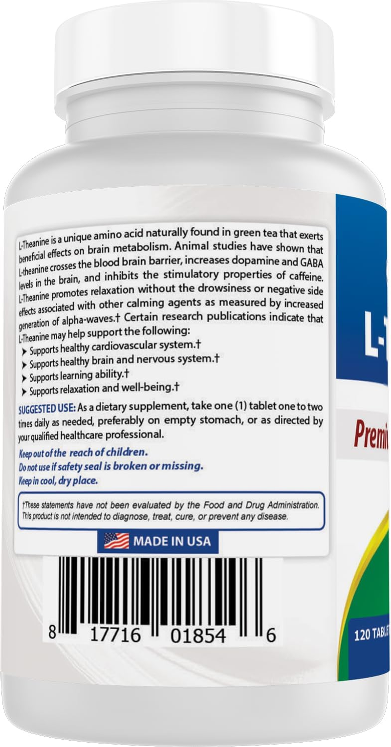 Best Naturals L-Theanine 200Mg per Tablet (400Mg per 2 Tablets) - Promotes Relaxation without Drowsiness - 120 Vegetarian Tablets - (120 Count (Pack of 1)) image number 2