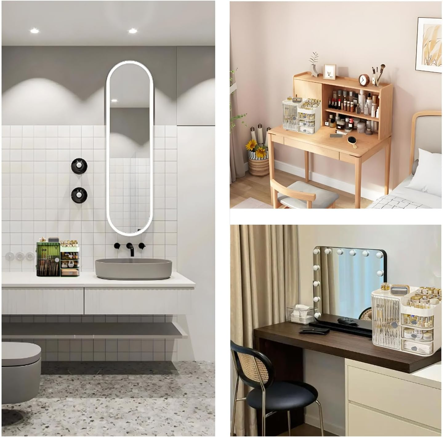 Shengsenfu Makeup Organizers for Vanity, Large Capacity Desk Organizers for Cosmetics with Drawers and Mirror, Cosmetics Display Case with Transparent Cover, Countertop Organizer for Vanity (White)