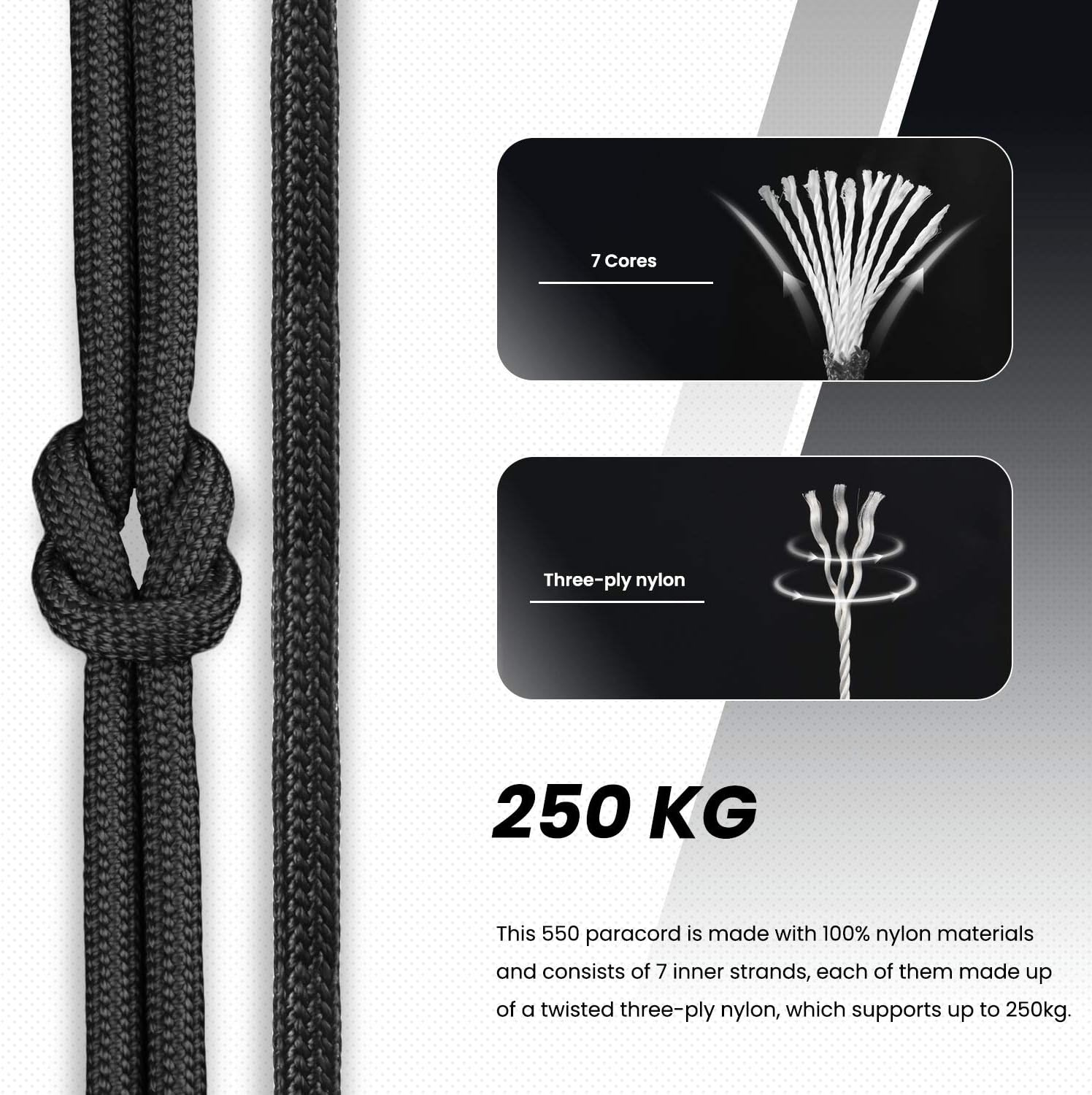 Abma Cord Paracord 550 4Mm 30M 100% Nylon Rope Type III 7 Strands Parachute Cord for DIY, Camping, Survival, Outdoor - Max. 250Kg - Black - Black image number 5