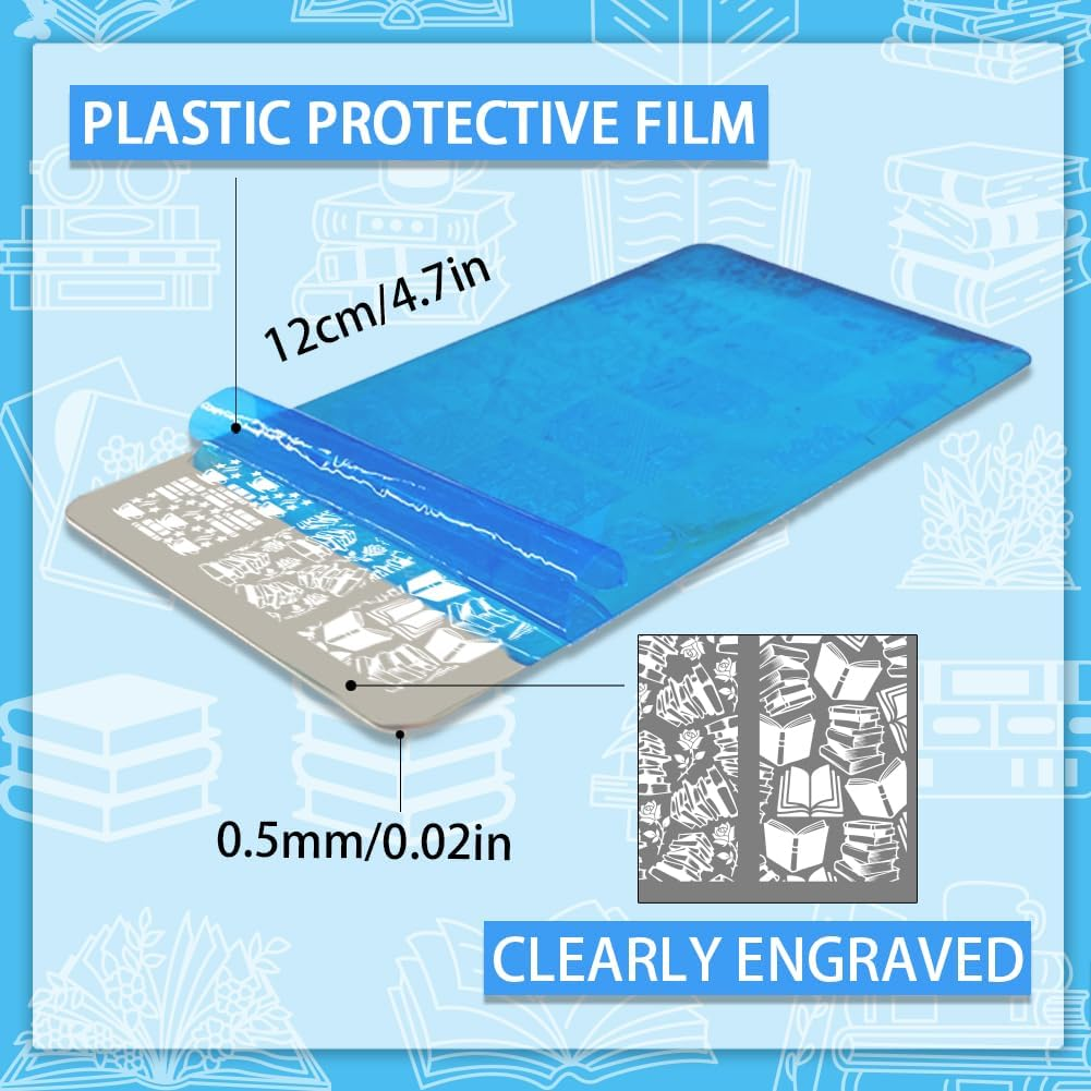 PH Pandahall 3Pcs Reading Book Nail Stamp Plate Book-Lover Theme Nail Art Templates Stainless Steel Image Plates Owl Flower Art Stencils for Back to School 4.7X2.3 Inch