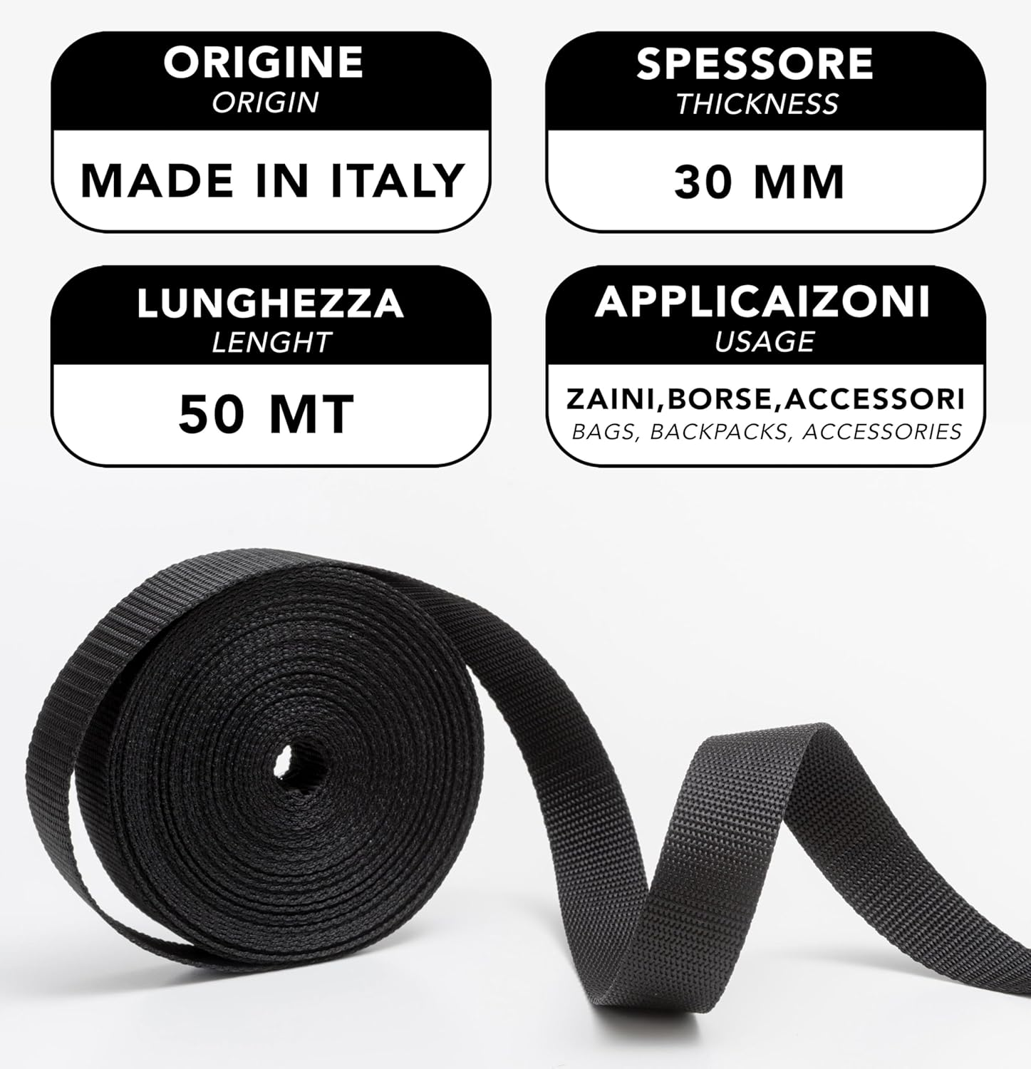 IPEA Rigid Nylon Strap for Backpack and Bags - 10 Meters Length - Multipurpose Rope for Sewing, Sports, Luggage, DIY - Sizes 20/25 / 30/40 Mm - Black - 3 Cm image number 5