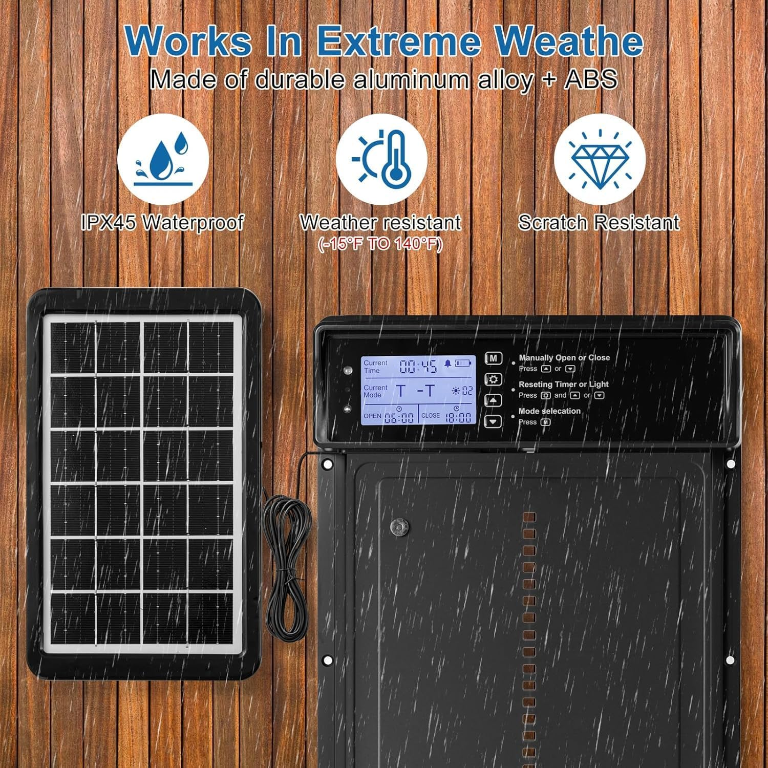 Automatic Chicken Coop Door Solar Powered, 4 Modes Auto Chicken Door Solar, Anti-Pinch & Weather Proof Coop Door with Remote Control, LCD Display Chicken Door with Timer, Light Sensor&Alert image number 1