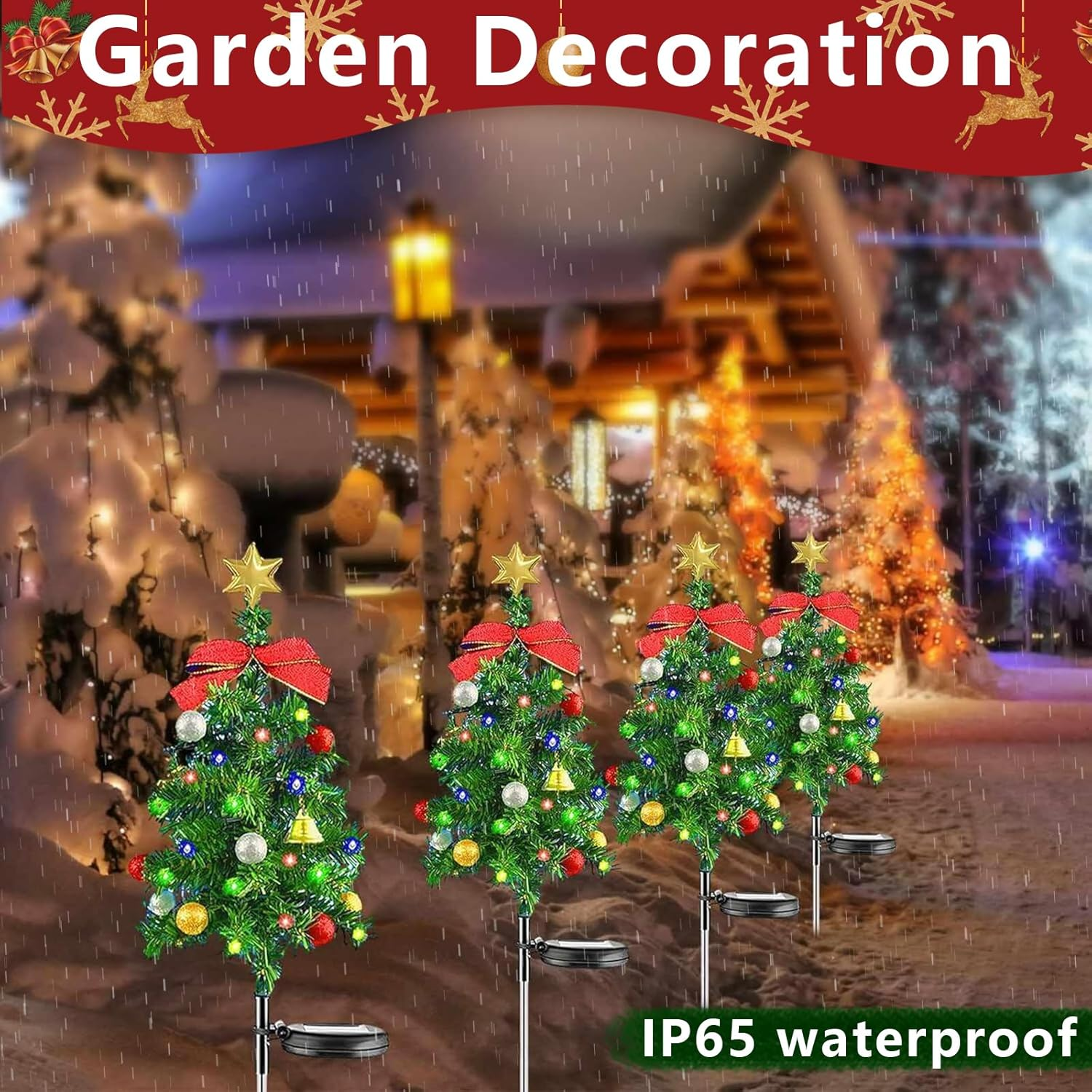 2PCS Solar Christmas Tree Light Outdoor Waterproof,26.7 Inch Solar Tree Lights with LED Four Color Decorated Prelit Gift Boxes & Ornaments for Pathway Patio Yard Garden Cemetery image number 6
