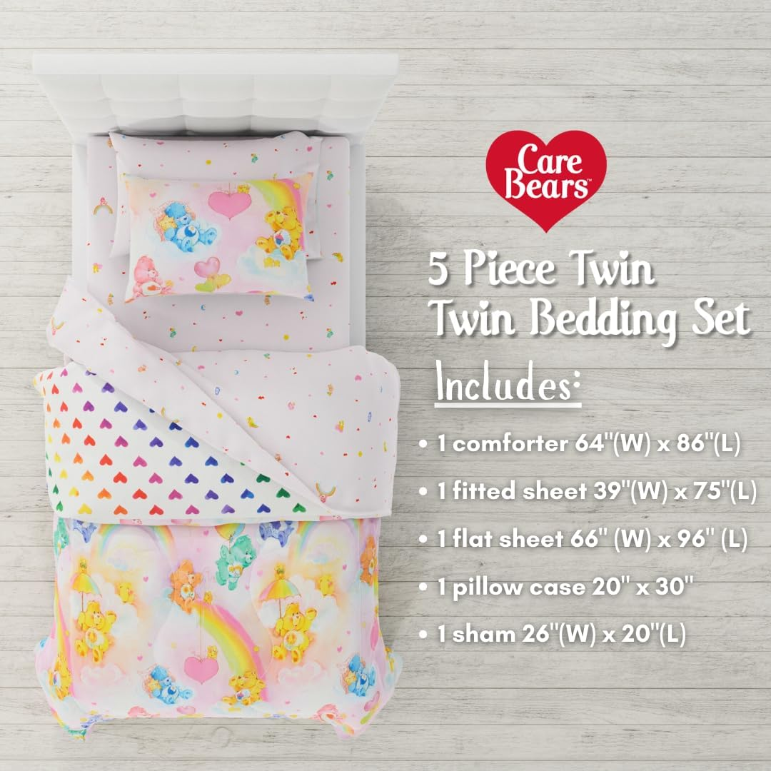 Franco Collectibles Care Bears Classic Retro Rainbow Bedding 5 Piece Super Soft Comforter and Sheet Set with Sham, Twin, (100% Official Licensed Product) image number 4