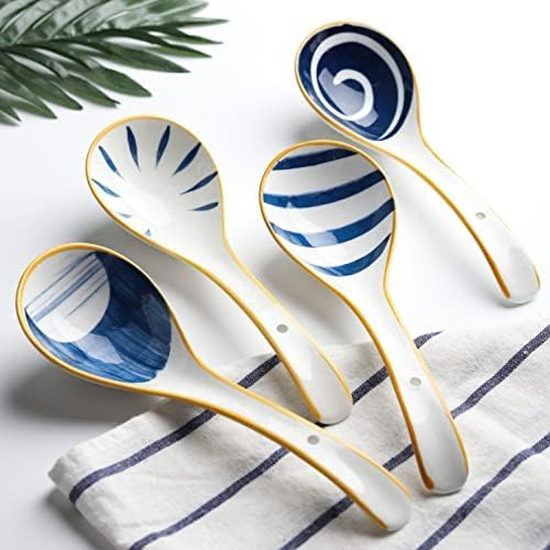 Ceramic Ladle Spoon Set of 4 Long Handle Soup Ladle with Holes Gravy Sauce Ladles Kitchen Cooking Ladles for Cooking Serving (Style 2) image number 5