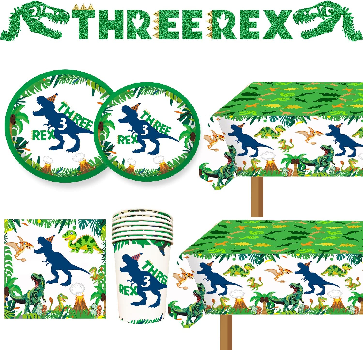 Three Inspired Rex Plates, Napkins and Cups - 130Pcs Dino Birthday Party Decorations - Dinosaur Party Supplies for 3 Year Old Boy - Serve 30 Guests image number 1