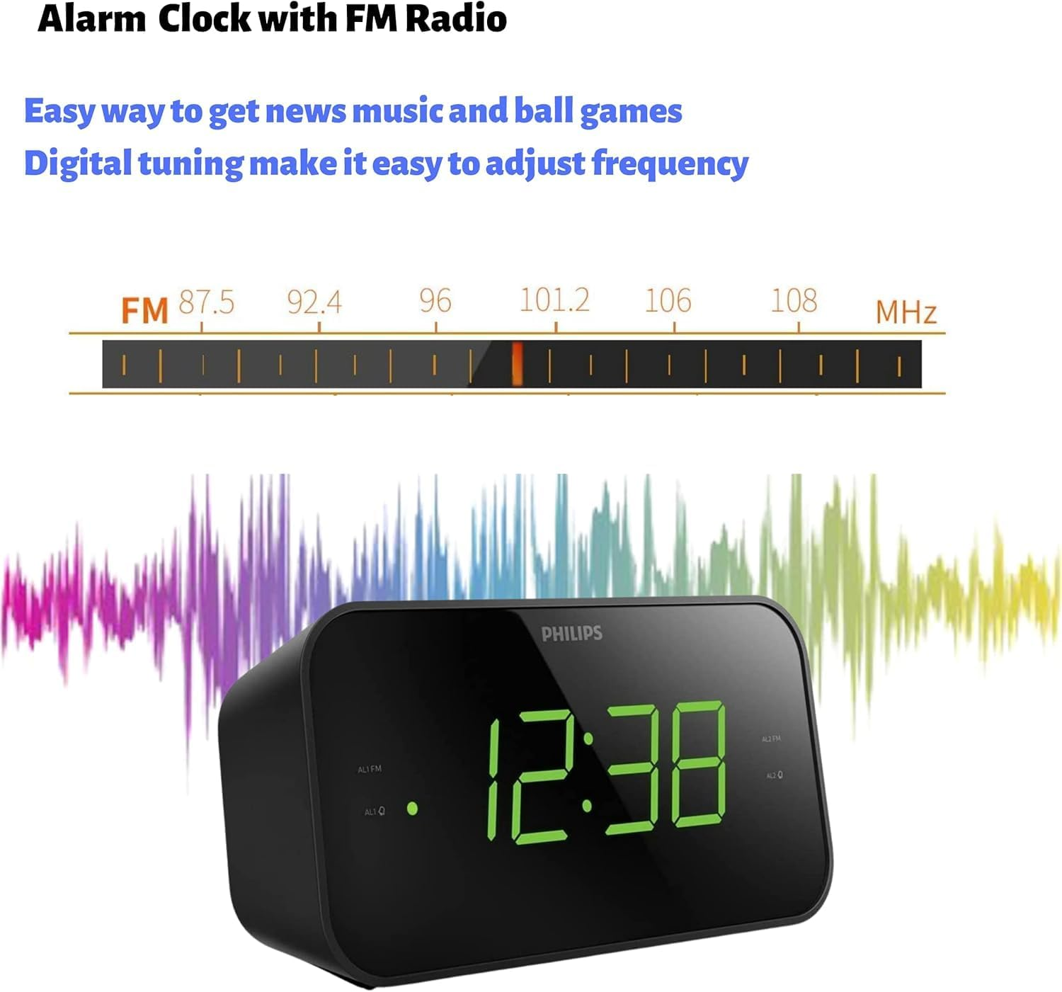Philips Digital Alarm Clock Radio, FM Radio Alarm Clocks for Bedrooms, Dual Alarm Clock Radios for Bedroom with Battery Backup, Sleep Timer Function, Easy Snooze and Large LED Display - Black image number 2