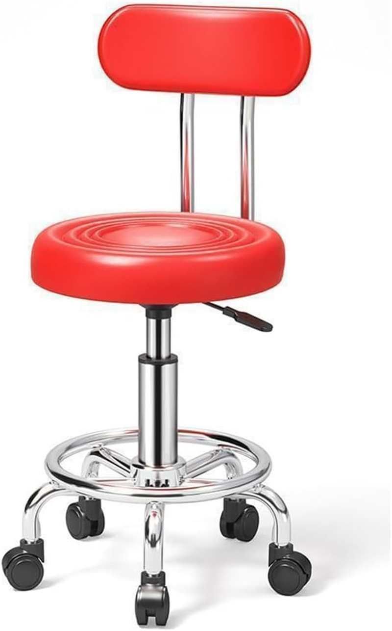 TOMVAES Rolling Stool with Back,Pu Leather Height Adjustable Swivel Task Chair with Footrest for Home Office,Salon,Spa (Red) (Red)