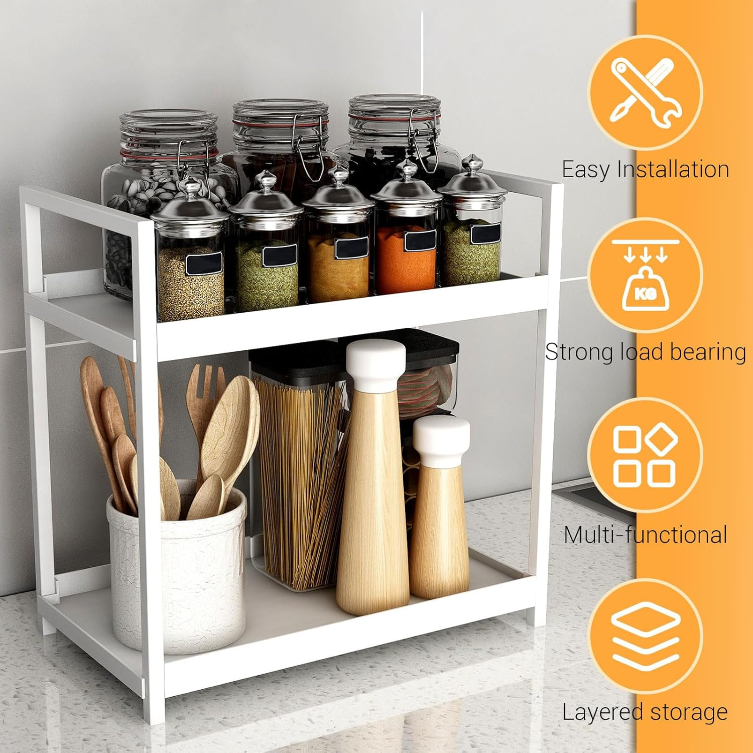 2-Tier Bathroom Counter Organizer with Basket, Vanity Tray Shelf, Bathroom Organizer Countertop, Vanity Organizer Bathroom Tray, Makeup and Skincare Organizers for Vanity Kitchen Spice Rack (White) image number 1