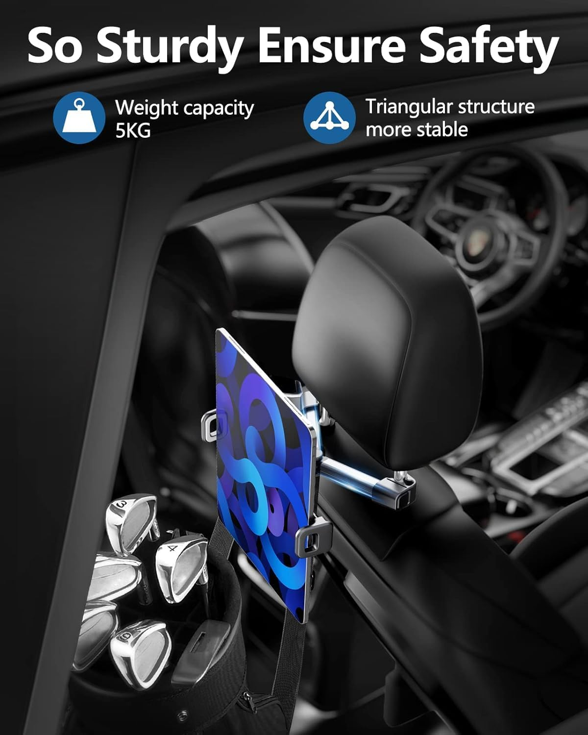 Car Headrest Backseat Mount,Phone/Tablet Car Holder,360&deg;Rotation,Solid & Steady,Car Trip Essentials,Adjustable Back Seat Tablet Holder,Compatible for All 5"-10" Tablets,Ipad,Cellphones, image number 6