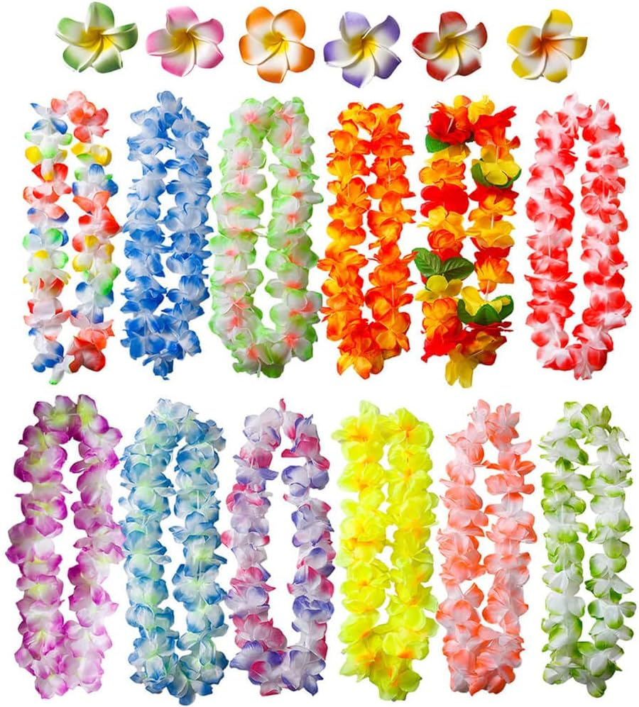 50 PCS Soft Hawaiian Leis Luau Party Decorations Tropical Party Favors Lei Hawaiian Flower Hair Clip,Headbands and Wristbands Perfect for Your Hawaii Luaus Party. image number 5