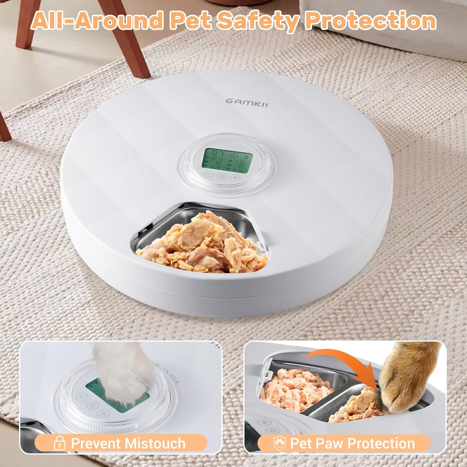 GAMKII Automatic Cat Wet Food Feeder 6 Meals, Battery Power Auto Pet Wet Food Dispenser with Timer, Memory Function for Cats Small Dogs-First Meal with Cover (Stainless Steel Food Tray) image number 3